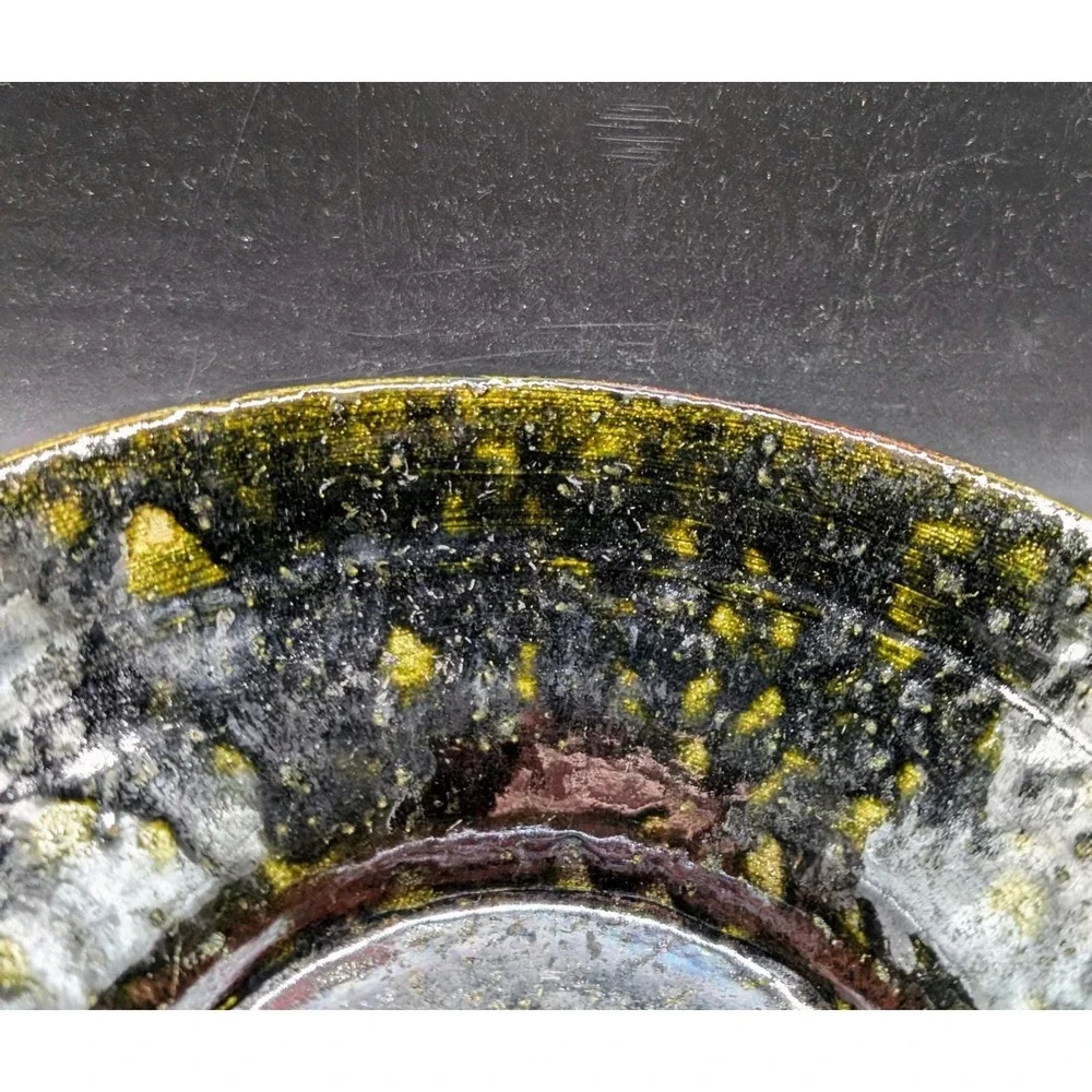 Vintage 1997 Signed Studio Pottery Bowl Black Green Raku Glaze Signed Bo 10